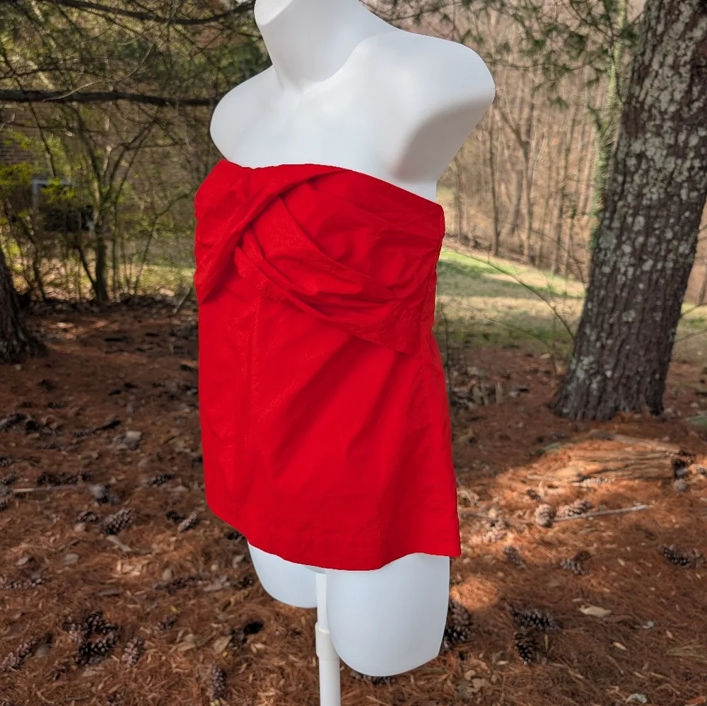 J. Crew Women's Red Poplin Strapless Gathered Bandeau Tube Top Sweetheart Size 6